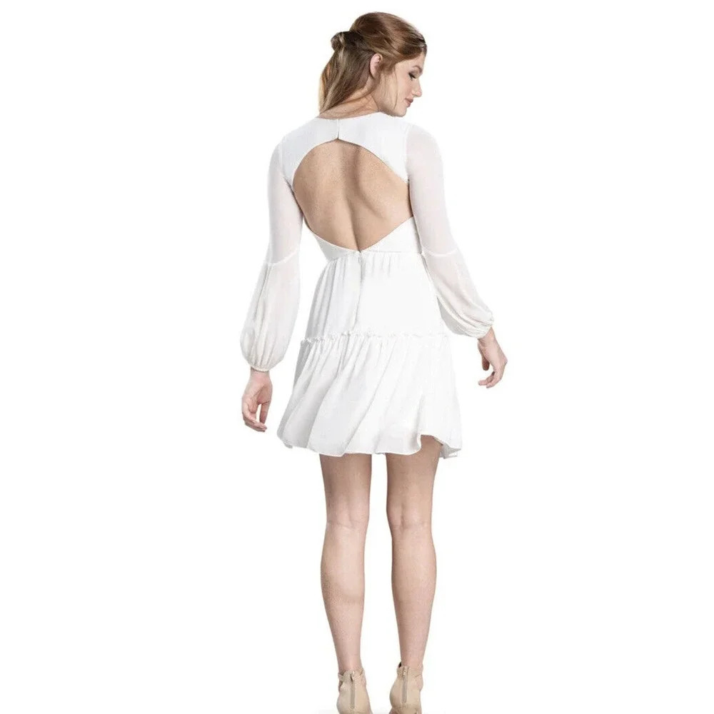 Dress the Population Women's Paola Blouson Sleeves Chiffon Fit Flare White Sz XS